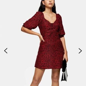 Topshop Red and Black Heart-Print Puff Sleeve Mini Dress